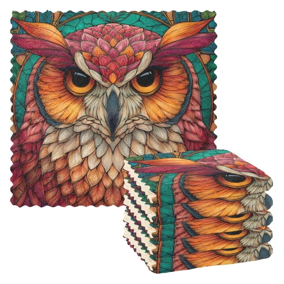 6 Pieces of Kitchen Towels 11x11Inch Kitchen Dish Cloths Kitchen Dish Towels Reuseable Cleaning Cloths Owl Stained Glass