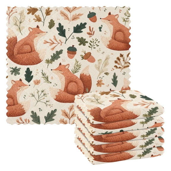 6 Pieces of Kitchen Towels 11x11Inch Kitchen Dish Cloths Kitchen Dish Towels Reuseable Cleaning Cloths Playful Foxes Red Acorns