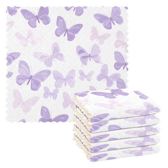 6 Pieces of Kitchen Towels 11x11Inch Kitchen Dish Cloths Kitchen Dish Towels Reuseable Cleaning Cloths Pretty Purple Butterfly Seamless