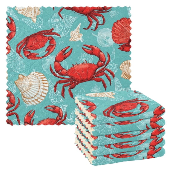 6 Pieces of Kitchen Towels 11x11Inch Kitchen Dish Cloths Kitchen Dish Towels Reuseable Cleaning Cloths Red Crabs and White Shells