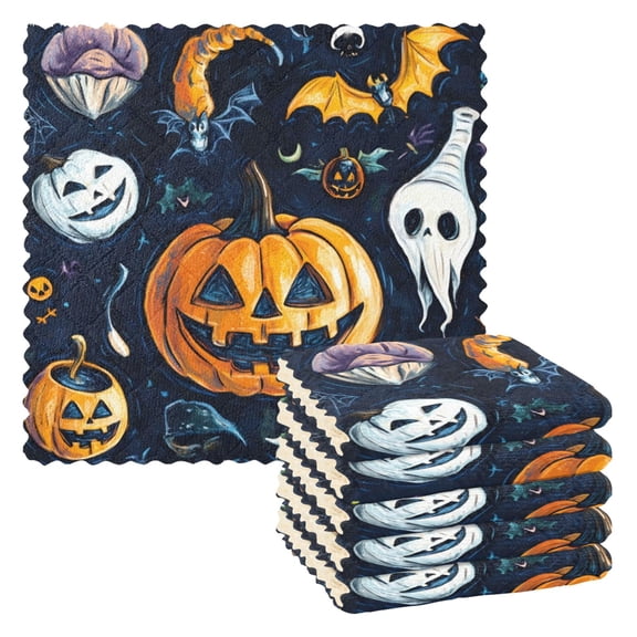 6 Pieces of Kitchen Towels 11x11Inch Kitchen Dish Cloths Kitchen Dish Towels Reuseable Cleaning Cloths Scary Pumpkin Cartoon