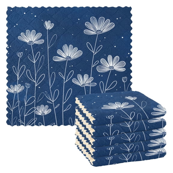 6 Pieces of Kitchen Towels 11x11Inch Kitchen Dish Cloths Kitchen Dish Towels Reuseable Cleaning Cloths Simple White Outline Daisies