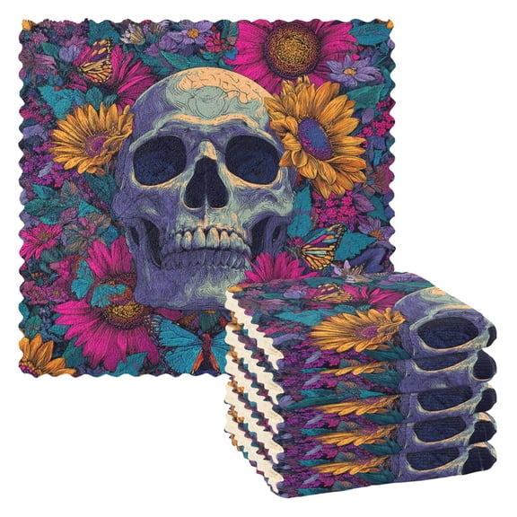 6 Pieces of Kitchen Towels 11x11Inch Kitchen Dish Cloths Kitchen Dish Towels Reuseable Cleaning Cloths Skull Flower Surround