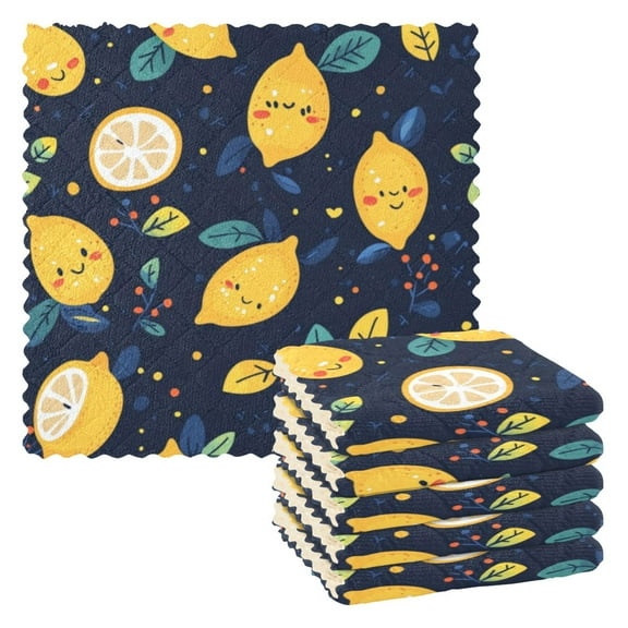6 Pieces of Kitchen Towels 11x11Inch Kitchen Dish Cloths Kitchen Dish Towels Reuseable Cleaning Cloths Smile Lemon Cartoon