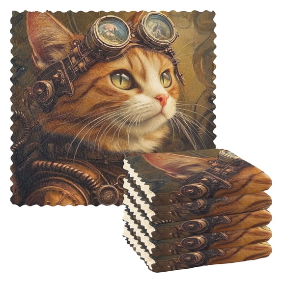 6 Pieces of Kitchen Towels 11x11Inch Kitchen Dish Cloths Kitchen Dish Towels Reuseable Cleaning Cloths Steampunk Cat