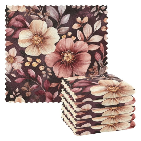 6 Pieces of Kitchen Towels 11x11Inch Kitchen Dish Cloths Kitchen Dish Towels Reuseable Cleaning Cloths Vibrant Maroon Flowers
