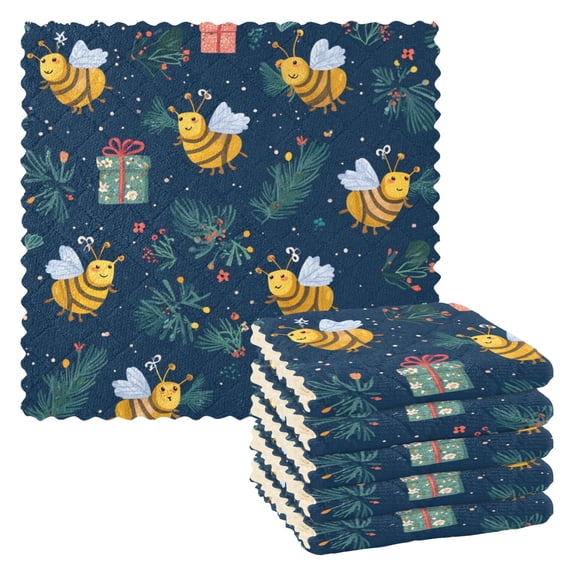 6 Pieces of Kitchen Towels 11x11Inch Kitchen Dish Cloths Kitchen Dish Towels Reuseable Cleaning Cloths Warm Christmas Bees