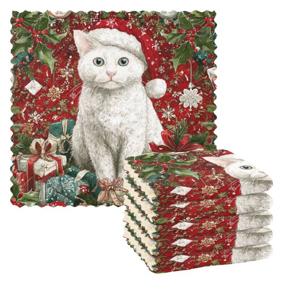 6 Pieces of Kitchen Towels 11x11Inch Kitchen Dish Cloths Kitchen Dish Towels Reuseable Cleaning Cloths Warm Christmas Cute Cat