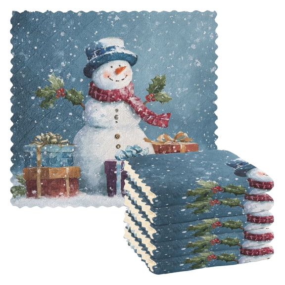 6 Pieces of Kitchen Towels 11x11Inch Kitchen Dish Cloths Kitchen Dish Towels Reuseable Cleaning Cloths Warm Christmas Snowman