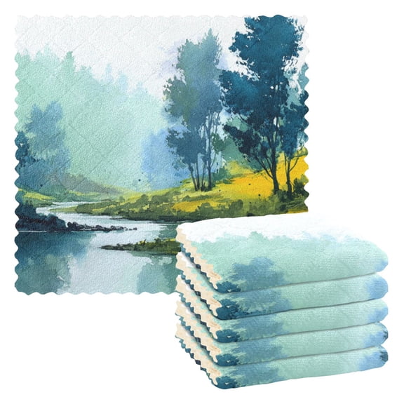 6 Pieces of Kitchen Towels 11x11Inch Kitchen Dish Cloths Kitchen Dish Towels Reuseable Cleaning Cloths Watercolor Lake