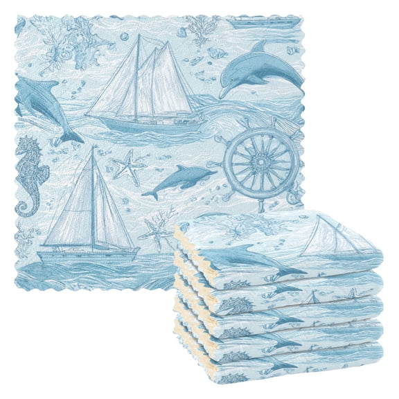 6 Pieces of Kitchen Towels Ultra Soft Absorbent Quick Drying Dish Cloths 1111inch Light Blue Dolphins Nautical Pattern