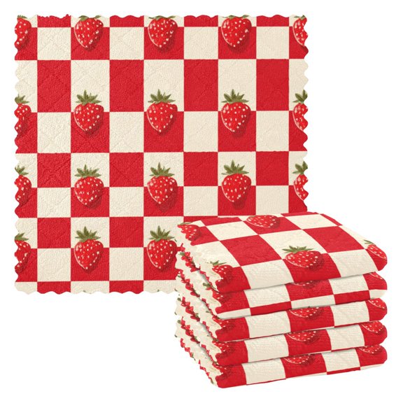 6 Pieces of Kitchen Towels Ultra Soft Absorbent Quick Drying Dish Cloths 11×11inch Strawberries Checkered Tablecloth