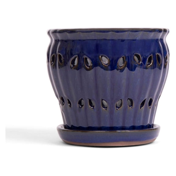 6" Pinwheel Fluted Ceramic Plant Pot (Midnight Blue) - Great for Orchids, All Indoor Plants - Includes Matching 6 inch Slotted Pot Liner