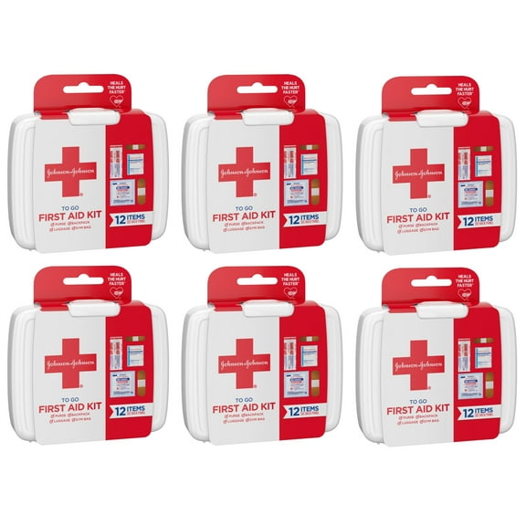 6/Pk J&J First Aid TO GO Mini Portable Bandages Gauze Pads & Wipes Kit 12 Count Items in One Pack (72 Count)