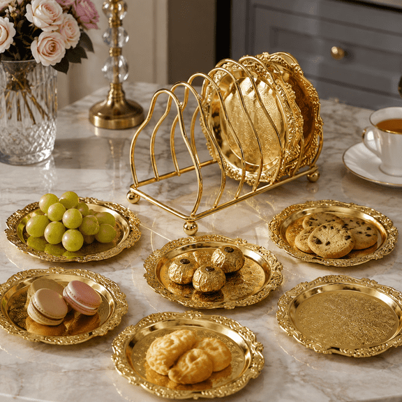 6 Plates Gold Serving Tray Set, Stainless Steel Metal Trays for Kitchen, Snack, Dessert, Sushi Plates & Home Decor