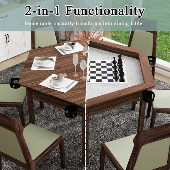 6-Player Board Game Table with Removable Top Hexagon Gaming & Dining Table Solid Wood Legs Non-Slip Mat Rotating Cup Holders Rustic Brown