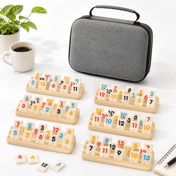6 Player Mini Travel Rummy Cube Set With Wooden Racks, 160 Game Tiles And Portable Case