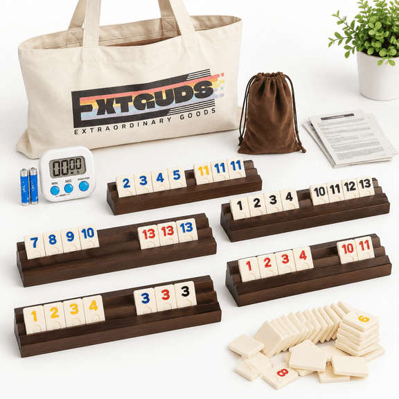 6 Player Rummy Cube Game Set with Wooden Racks, Tiles and Carrying Bag