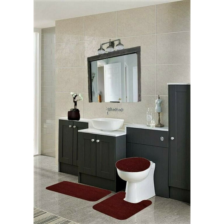 6 Plush 3 Piece Burgundy Solid Non Slip Bathroom Rug Set 1