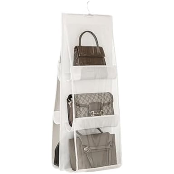 6 Pockets Clear Handbag & Purse Organizer Hanging Bag Storage - Space Saving Hanging Shelf for Closet, Wardrobe, Over Door (1 Pack, White)