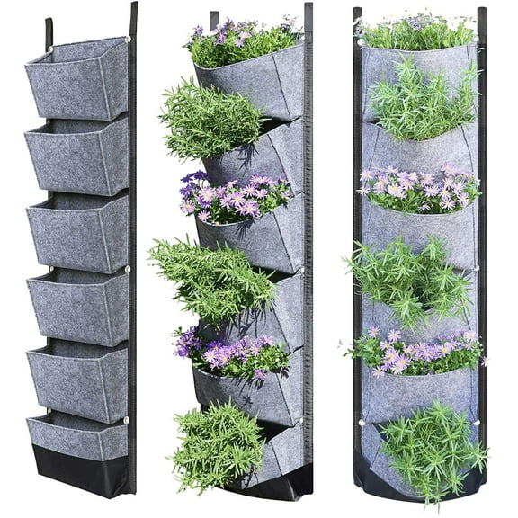 6 Pockets Hanging Planter Bags,Hanging Vertical Wall Mounted Plant Planting Grow Bags, Grow-bag Wall Garden Planter Fabric Pot Germination Growth Hanging Planters