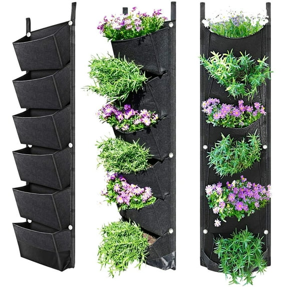 6 Pockets Hanging Planter Bags,Hanging Vertical Wall Mounted Plant Planting Grow Bags, Grow-bag Wall Garden Planter Fabric Pot Germination Growth Hanging Planters