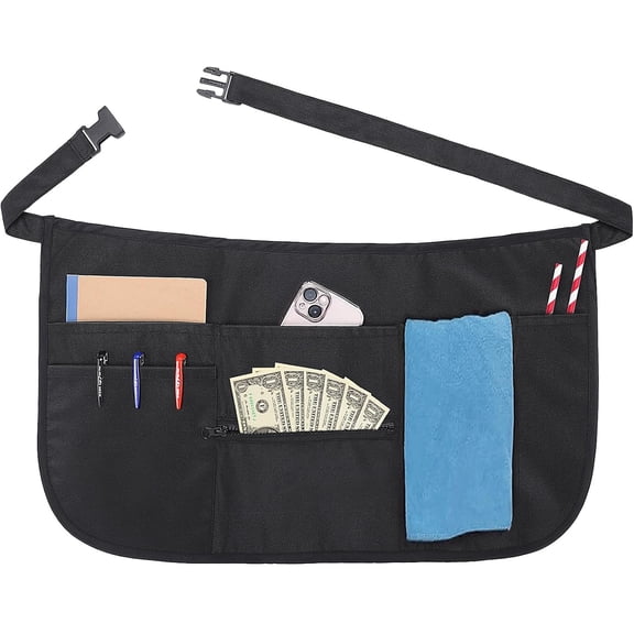 6 Pockets Server Apron with Buckle, Waterproof Waiter Half Apron Unisex 30-50in Belt Serving Aprons for Waiter