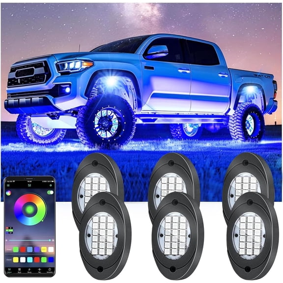 6 Pods   Rock Lights, Underglow Multicolor Neon Light Kit Wheel Well Light with APP Control & Music Mode, Under  Lights for ,,SUV,Golf Cart,ATV,Pickup Off Road,12 V