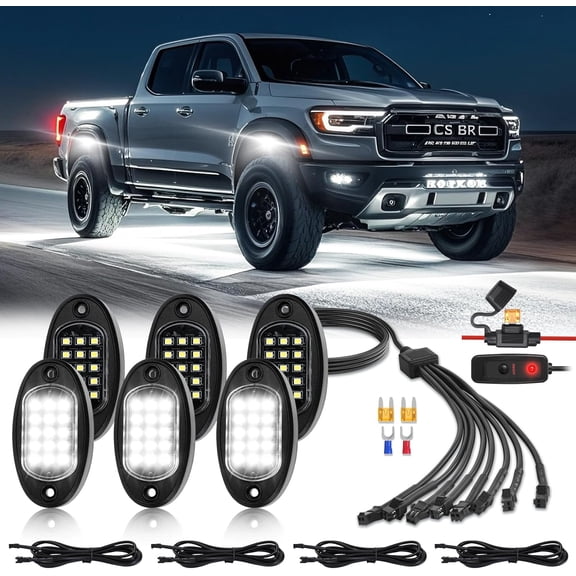 6 Pods White  Rock Lights with  Extension Harness, 6000K 24 LEDs Pure White Neon Underglow Light for ATV SUV UTV RZR SXS  Trailer , IP67  Under Trail Rig  Lighting