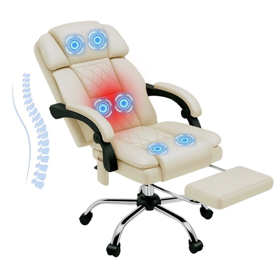 6-Point Massage Office Chair with Heat, Ergonomic Reclining Desk Chair with Footrest, PU Leather Executive Chair for Home Office,Comfortable Computer Chair Gift for Women, Off White