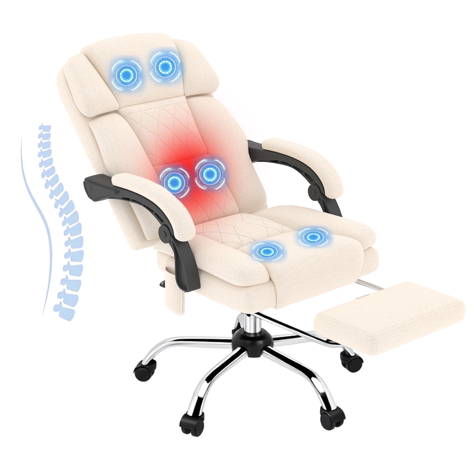 6-Point Massage Office Chair with Heat, Ergonomic Reclining Desk Chair with Footrest, Soft Chenille Fabric Executive Chairs for Home Office, Comfortable Computer Chair Gift for Women, Beige