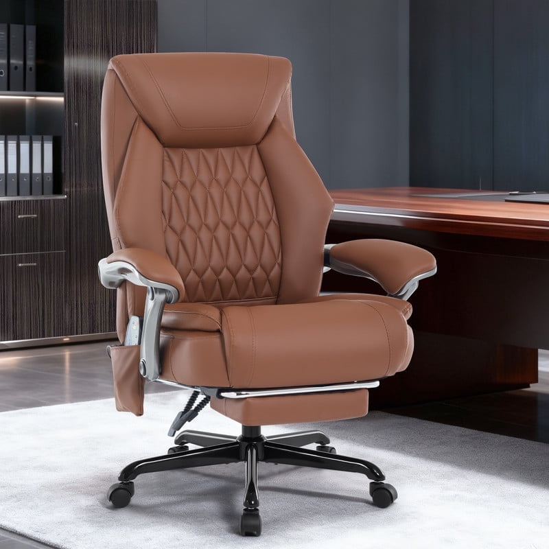 6-Point Massage Office Chair with Lumbar Support, Reclining Ergonomic Computer Desk Chair with Footrest for Full Support, PU Leather High Back Executive Computer Chair, Heated Executive Office Chair