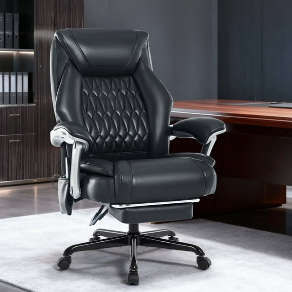 6-Point Massage Office Chair with Lumbar Support, Reclining Ergonomic Computer Desk Chair with Footrest for Full Support, PU Leather High Back Executive Computer Chair, Heated Executive Office Chair