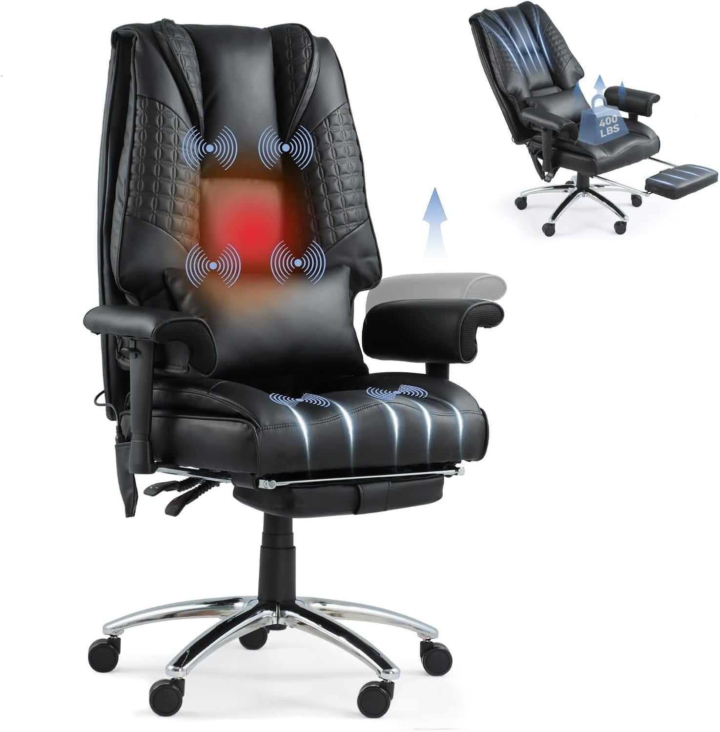 6-Point Massage Office Chair with Heating – Premium Ergonomic Executive Chair with Retractable Footrest & Reclining Function