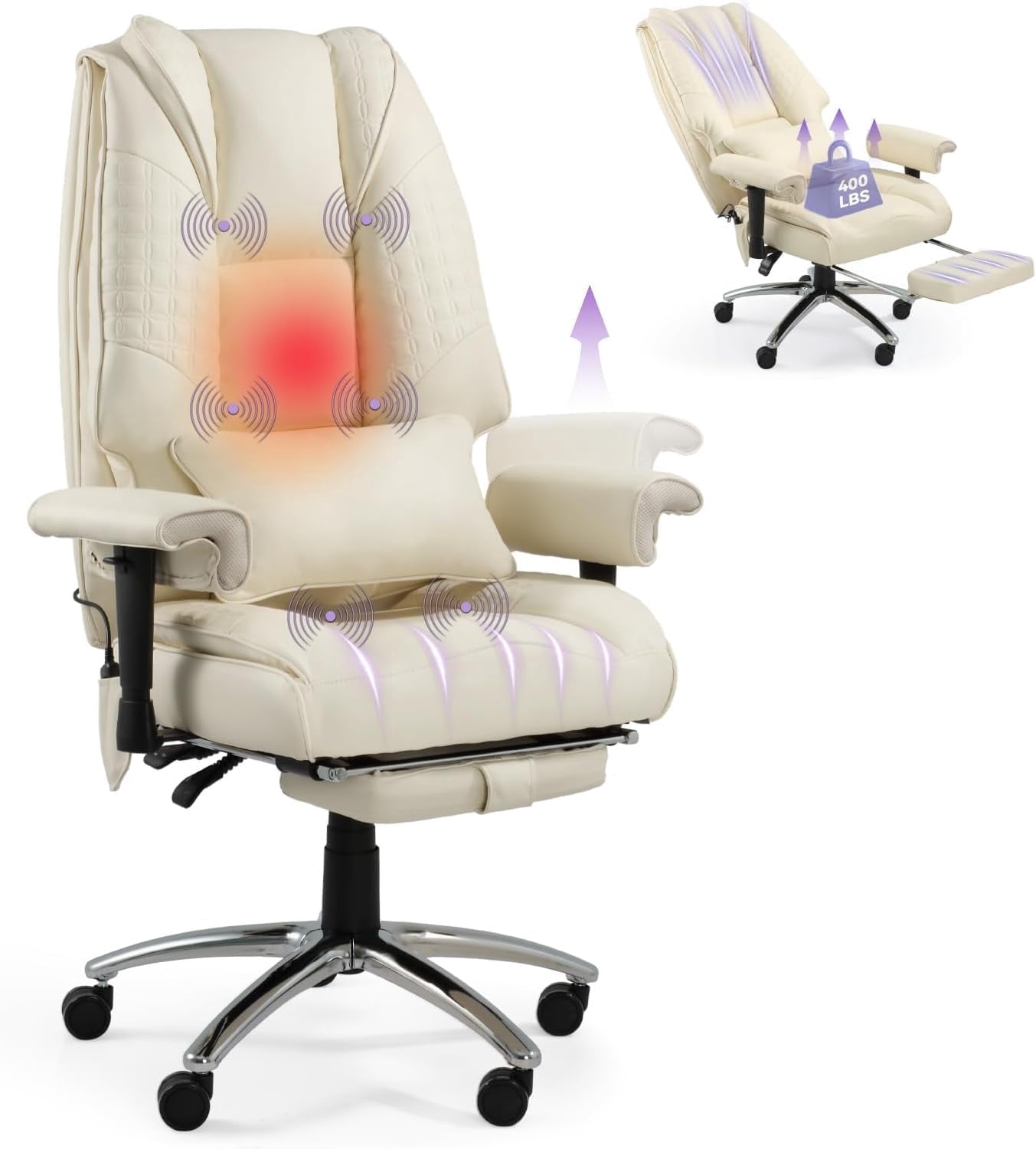 6-Point Massage Office Chair with Heating – Premium Ergonomic Executive Chair with Retractable Footrest & Reclining Function