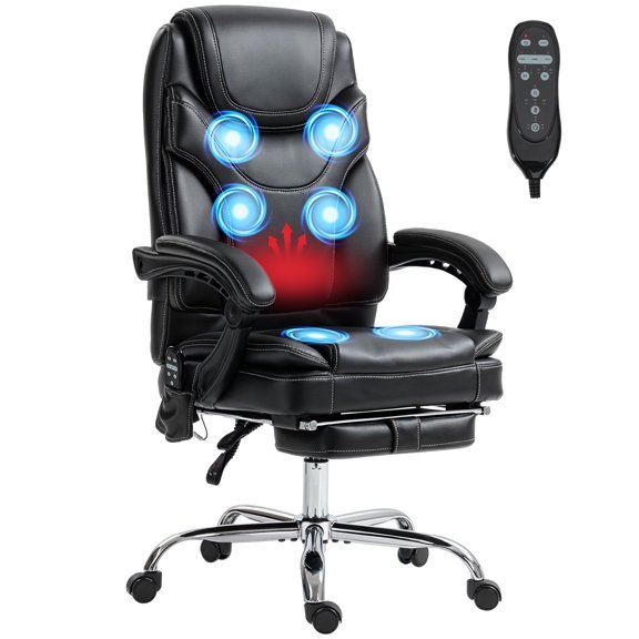 6 Point Vibration Massage Office Chair, PU Leather Heated Reclining Computer Chair with Footrest, Black