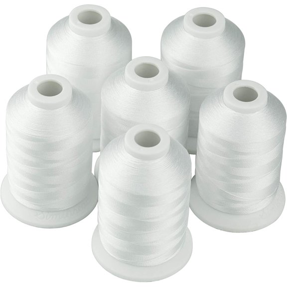 6 Polyester White Machine Embroidery Threads 1000M(1100Yards) Compatible with Brother, Babylock, Janome, Pfaff, Singer, Bernina and Other Home Machines (White)