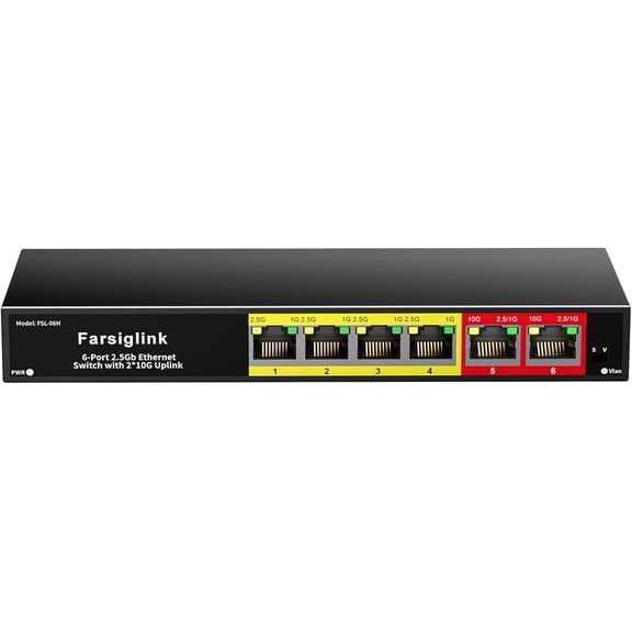 6-Port 10Gb Switch Unmanaged, 2 x 10G RJ-45 Ports & 4 x 2.5G RJ-45 Base-T Ports, 60Gbps Switching Capacity, Desktop/Wall Mount 10G Ethernet Switch for AP, NAS, PC