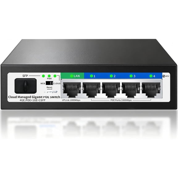 6-Port Gigabit PoE+ , 4 PoE Ports 52W, 1 Uplink + 1 SFP Slot, Easy Managed via Web/App, Fanless Metal, Plug & Play, VLAN, QOS, Overload Protection, for Office