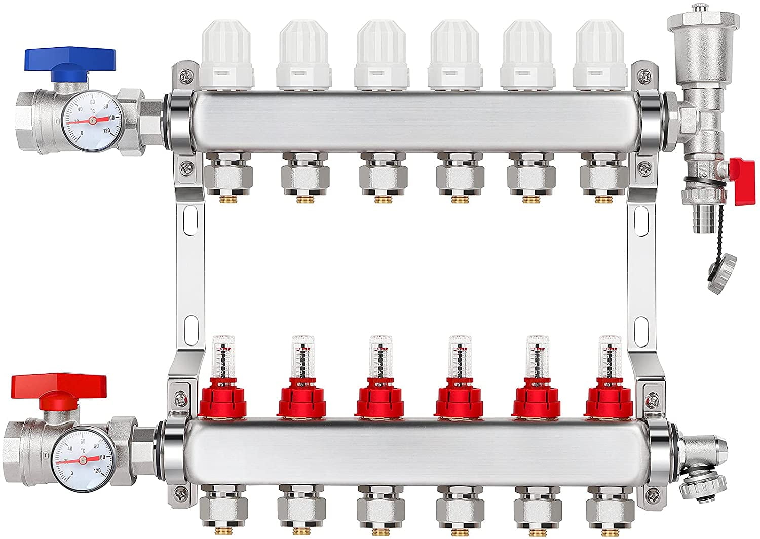 6-Port Radiant Floor Heating PEX Manifold,1/2" PEX Tubing Radiant Floor Heating Manifolld With Stainless Steel Kit