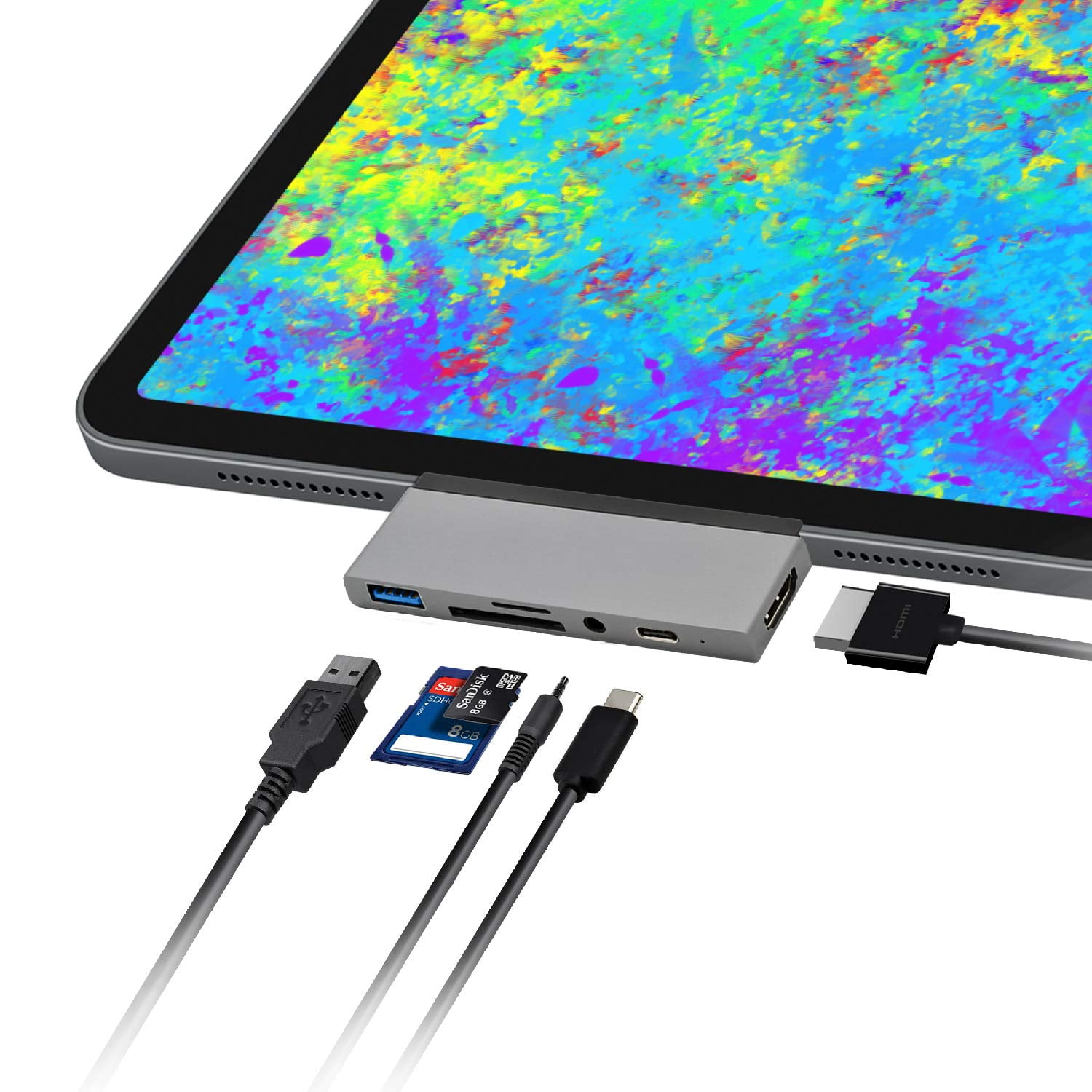6-Port USB-C/Type C Hub Adapter for iPad Pro - Thunderbolt 3, HDMI, 3.5mm AUX, USB A 3.0 and SD/Micro SD Card Slots