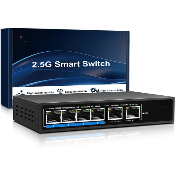 6 Ports 10Gb Unmanaged Ethernet  with 4*2.5G Base-T Ports, 2*10G RJ45 Ports. 60Gbps Switching Capacity,  10Gbps Network  for 2.5G/10Gbps NAS/PC, WiFi6 Router,  AP