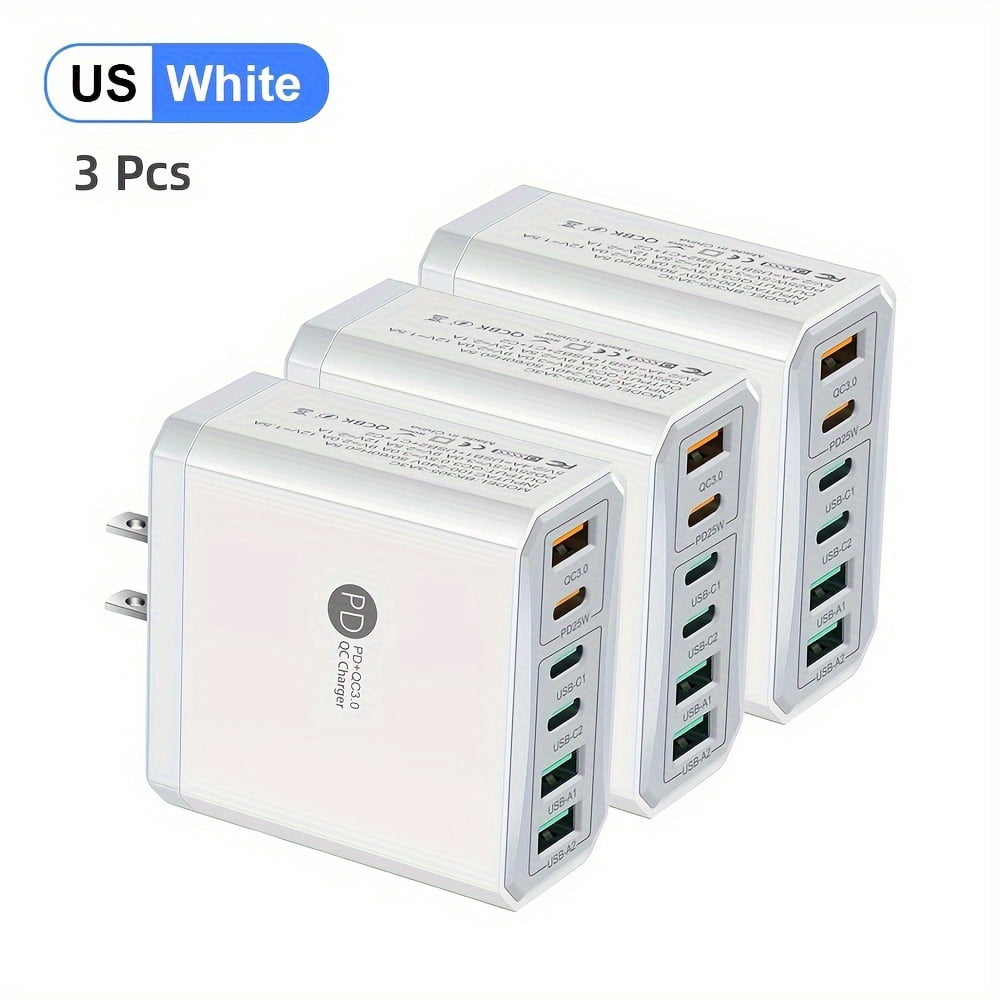 6 Ports QC3.0 Total 55W Mobile Phone Fast Charging Adapter, 3 PD + 3 USB Type C Fast Charging Charger, US Plug Portable Convenient Travel Charger Wall Charger