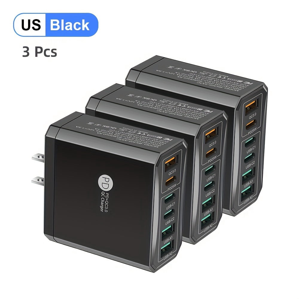 6 Ports QC3.0 Total 55W Mobile Phone Fast Charging Adapter, 3 PD + 3 USB Type C Fast Charging Charger, US Plug Portable Convenient Travel Charger Wall Charger