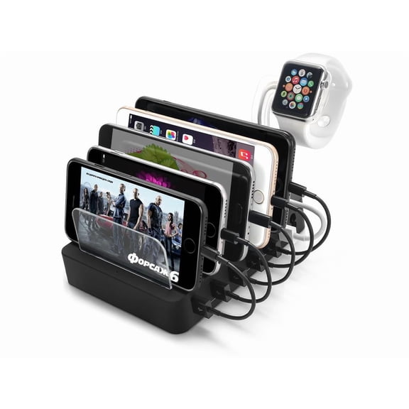 6 Ports USB Charger Hub Multiple USB Charging Station Dock for Multiple Devices For iPhone iPad Cell Phone Tablet With Watch Bracket Stand Holder