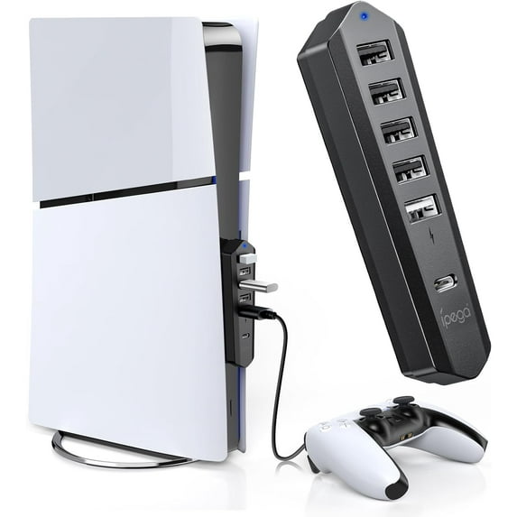 6 Ports USB Hub for PS5 Slim Console Disc & Digital 2023, High-Speed Extra USB Port Extender for PS5 Slim Accessories, Charging Adapter for PS5 Slim with 1 Type C 3.0 + 4 USB-A 2.0 + 1 Charging Port