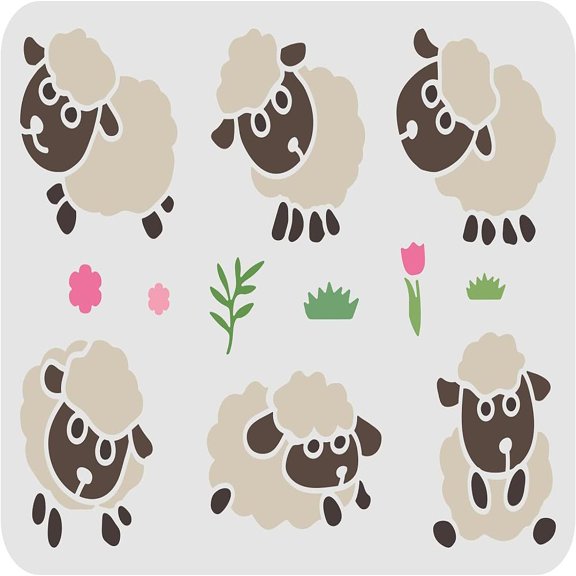 6 Poses Sheep Stencils for Painting 11.7x8.3 inch Large Reusable Farm Sheep Stencil Templates Cute Lamb Stencil with Flower and Grass Animal