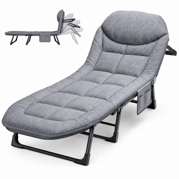 6-Position Outdoor Chaise Lounge with Cushion and Side Pocket, Gray