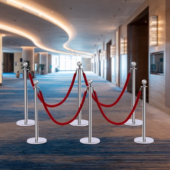 6-Post Crowd Control Barrier Kit 39" Stainless Steel w/ 5 ft Red Velvet Ropes