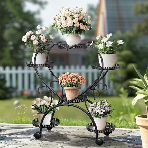 6 Pots Heart-shape Flower Shelf Heavy Duty Wheeled Metal Plant Stand Garde Patio Balcony Decorative, Black, 22.83x11.02x31.69 inch